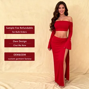 2026 Spring New Arrival One-Shoulder Long Sleeve Wrap Sexy High Slit Half Skirt Two-Piece Set for Women