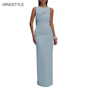 Summer Dress Crew Neck Backless Slim Pleated Split Fashionable Sleeveless Embroidered Technique Casual Style Lining