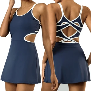 Custom Back Cross Padded Athletic Golf Dresses Womens Sleeveless Tennis Dress With Shorts Yoga Jumpsuits