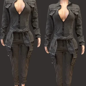 Viviblook Z702JP04 2026 New Hot Selling Elastic Slim Fit Jumpsuit for Women New Denim Lace up Waistband Plus Size Jumpsuit