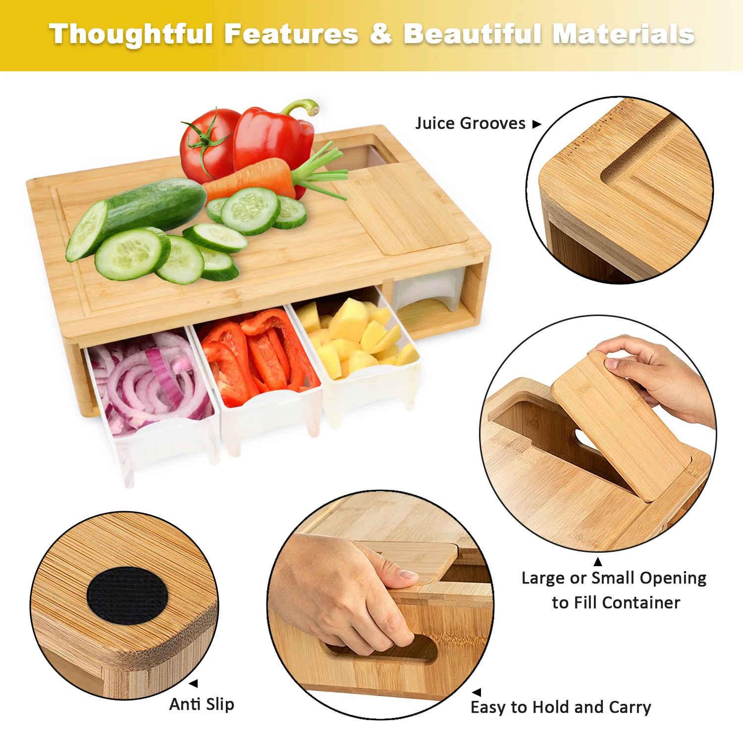 GL Extra Large Bamboo Cutting Board Chopping Block with Juice Groove and Containers for Food Preparation