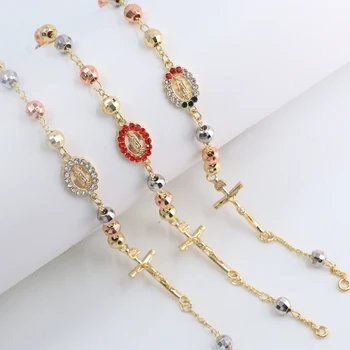 Oro Laminado 14k Gold Plated Tri-Color Rosary Pulseras De Mujer Saint Benedict Virgin Mary Brass Cross Bracelet Bangles