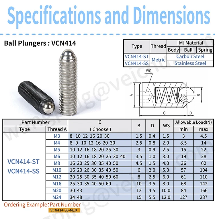 M4*8 M4 304 Stainless Steel Spring Hex Socket Ball Point Grub Plunger Screw Set