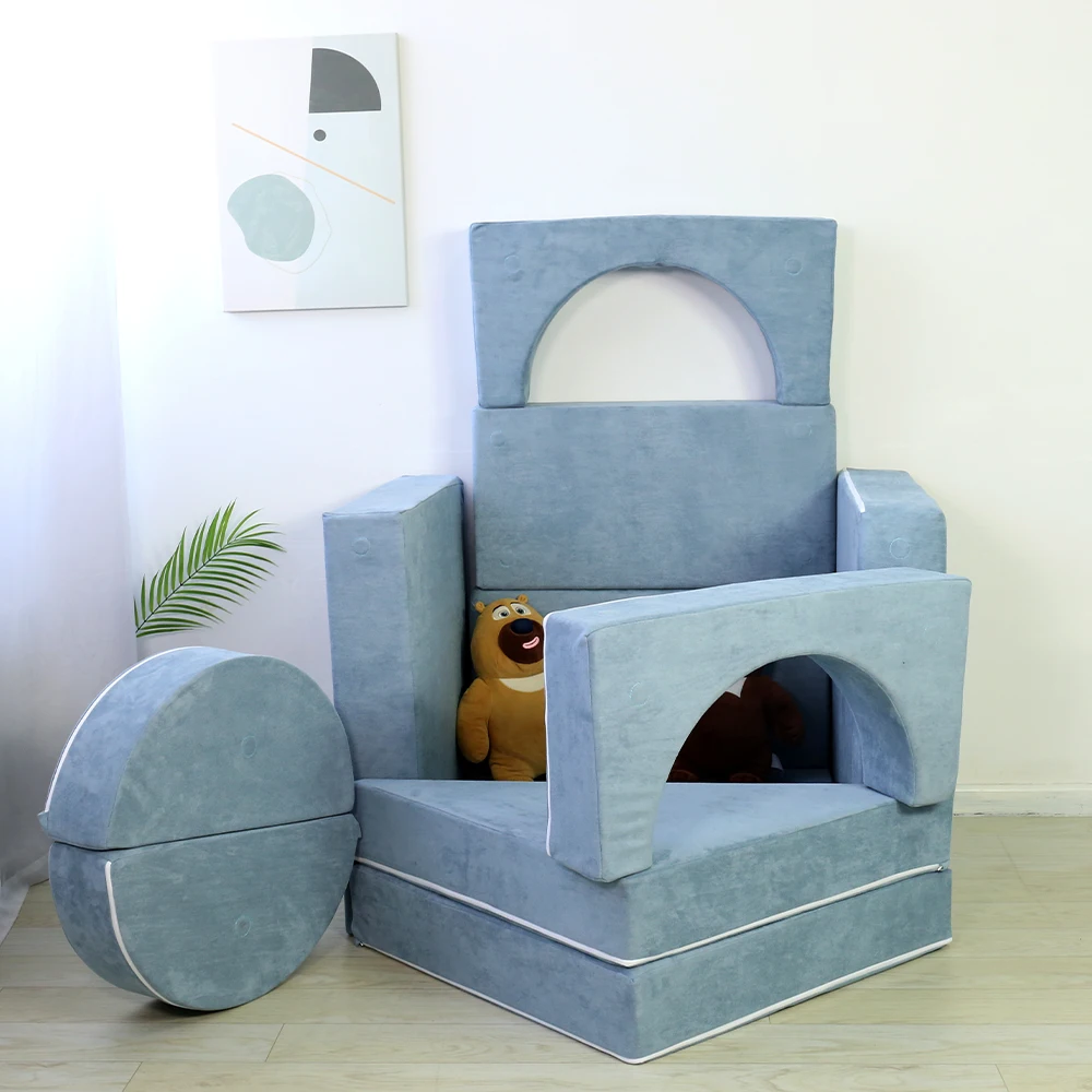 Divano Modulare Componibile Per Bambini Domiqut, 22 Pezzi In Schiuma, Oltre 1000 Combinazioni, Tessuto Velluto Antimacchia, Grigio Scuro