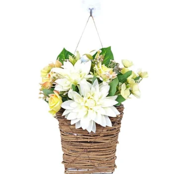 Artificial Basket Dahlia Flower Potted Rattan White Hanging Flower for Farmhouse Wedding Home Office Decoration