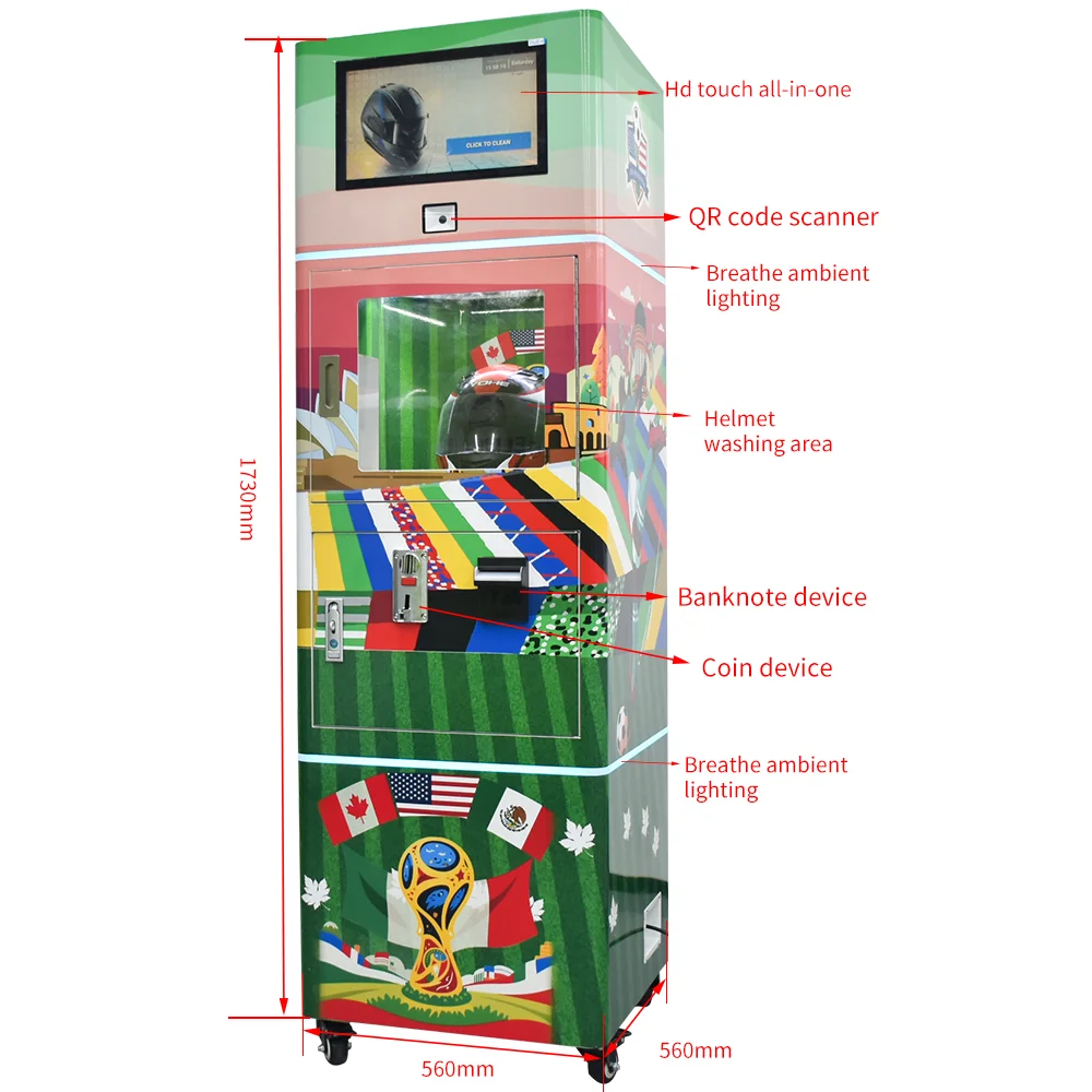 Patent Manufacturer Custom Automatic Commercial Motorcycle Bike Helmet Vendo Dry Cleaning Washing Machine with Wordcup Theme