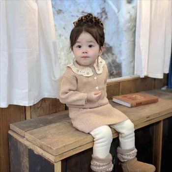 Autumn Winter Girls' European American Style Long Sleeve Acrylic Cotton Hand-Hooked Collar Cardigan Baby Sweater + Girl Set