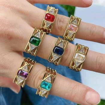 Multi Color Glass and CZ Stone Stackable Rings 24K Gold Plated Rainbow Open Rings for Women Ladies