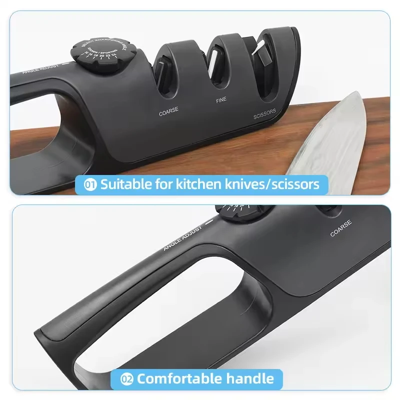 Three Stages Sharpener Carbide Ceramic in Sharpening Angle From 14 to 24 Degree Kitchen Knife Set and Scissor Sharpening Knife