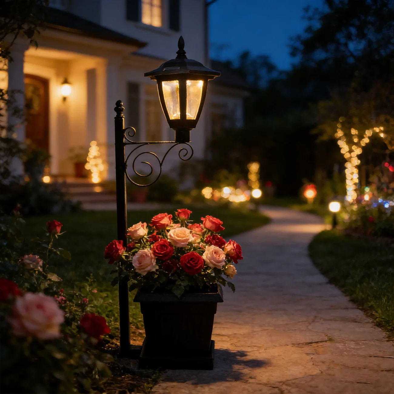 Solar Resin Flower Pot Iron Art Lamp Decorative Piece Outdoor Garden Decoration Small Night Light Multi-functional Garden Lamp