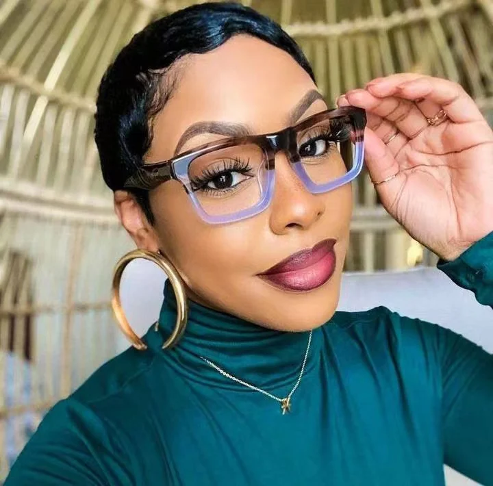 Fashion Square Glasses Vintage Blue Wood Grain Female Clear