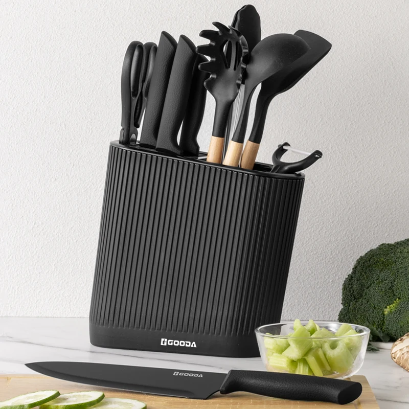 11-Piece Stainless Silicone Kitchenware Set Handmade Knife Set Cooking Baking Tools Wood Soup Spatula Spoon Holder for Food