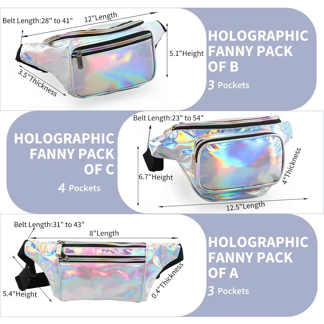 Holographic Rave Gold Sliver Retro Fanny Pack For Festival Women Girls Cute Fashion Waist Bag