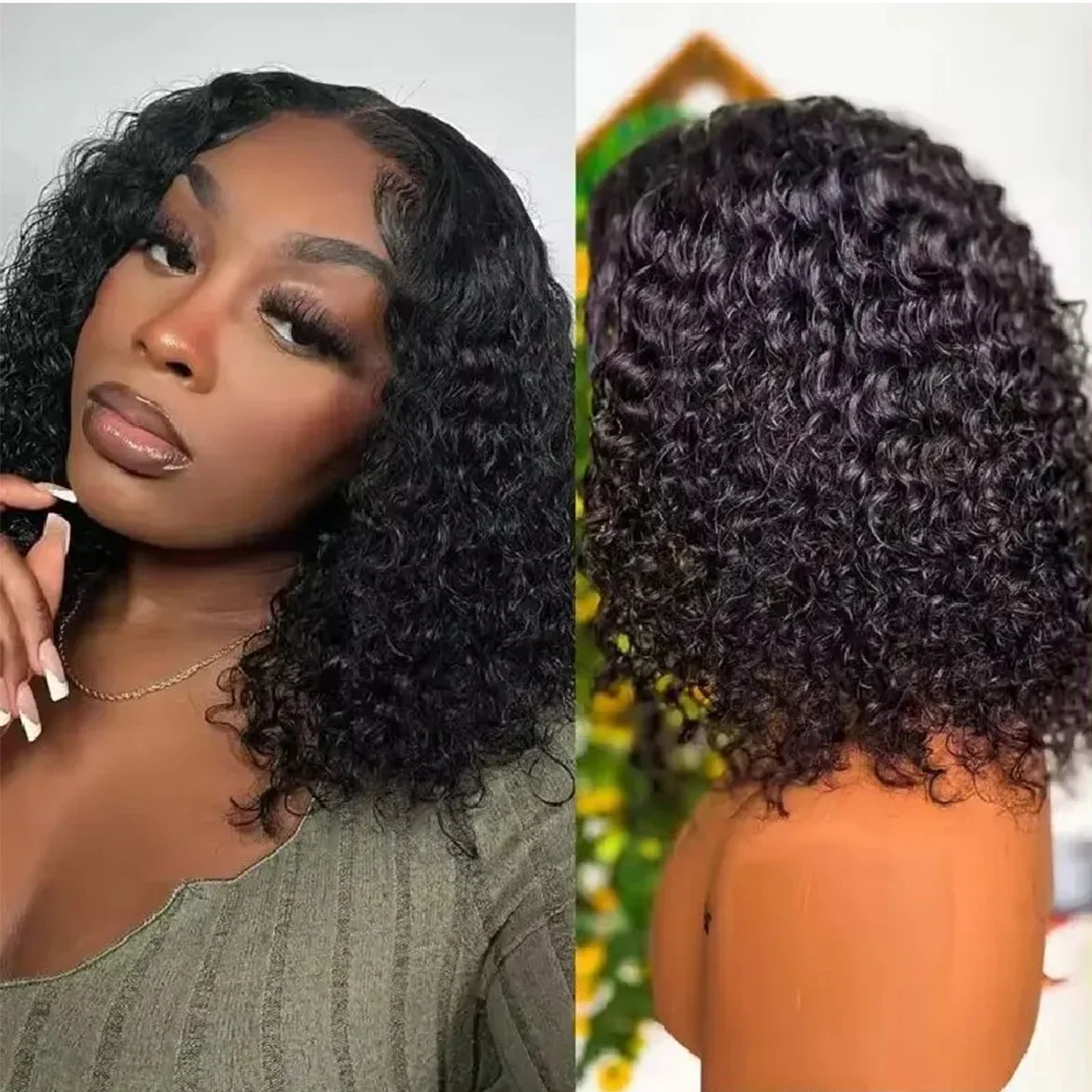 Parrucche Bob Frontali in Pizzo con Capelli Umani Ondulati Profondi, Parrucche Pre-Spennate Remy Senza Colla Indossa e Vai, Densità 180%_voghion.com
