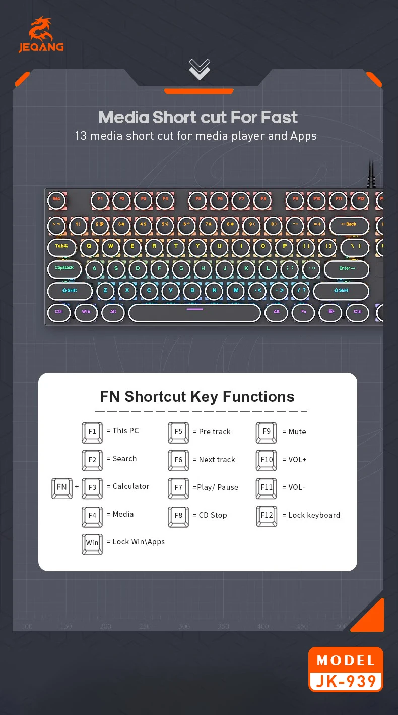 Jeqang JK-939 87-Key Wired Mechanical Keyboard QWERTY Layout with Green Shaft Punk Style for PC Gamers