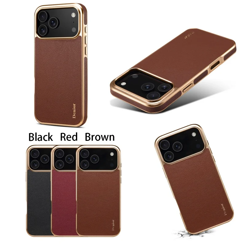 Business Ultra Thin PU Leather Cell Phone Case for iPhone 17 13 14 15 16 Pro Max TPU Soft Plating Frame Shockproof Back Cover
