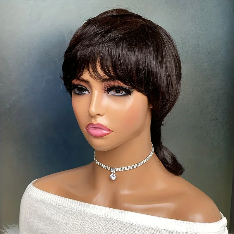 Κοντή περούκα Pixie Cut Mullet με αφέλειες, ίσια, μηχανοποίητη, ανθρώπινη τρίχα για γυναίκες_voghion.com