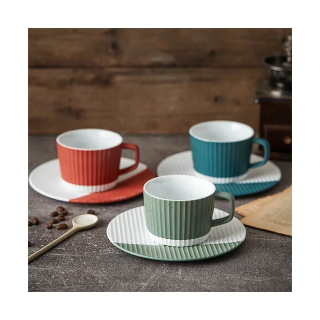 Factory direct food-grade 200ml Ceramic coffee cup with saucer rough pottery stripes pure porcelain handmade coffee mug