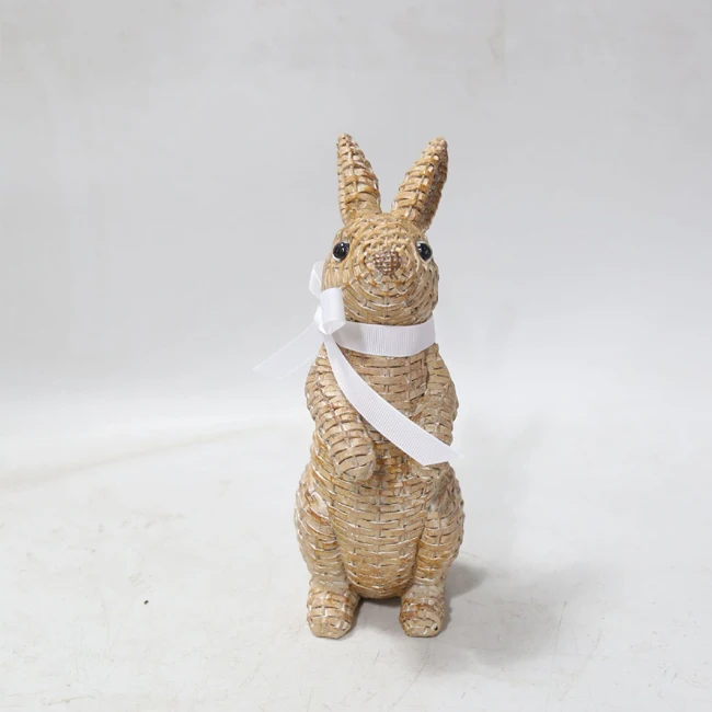 2024 Easter Small Rabbit Decoration Resin Natural Rattan Wicker Bunnies Statue Rabbit with White Bow Polyresin Home Decoration