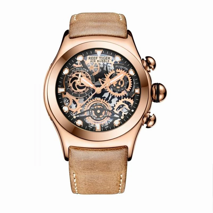 REEF TIGER RGA792 Chronograph Sport Watches for Men Skeleton Dial with Date  Three Counters Luminous Rose Gold Unique Watches| Alibaba.com