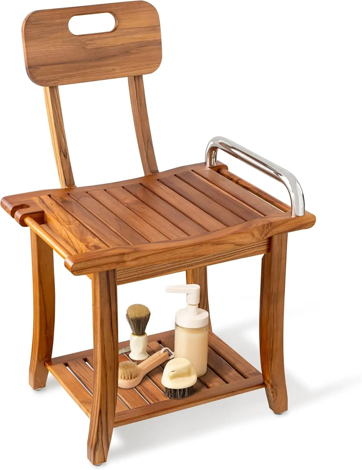 Natural Teak Shower Bench with Armrest &Storage Shelf  Non-Slip Sturdy Bath Chair Wooden Stool for Bathroom Spa & Elderly Safety