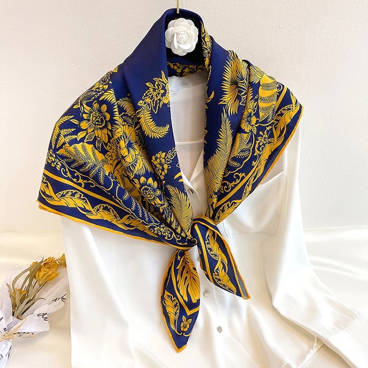 Spring and Autumn Flower Printing Silk Scarf Luxury Retro Print Square Satin Silk Scarf for Women