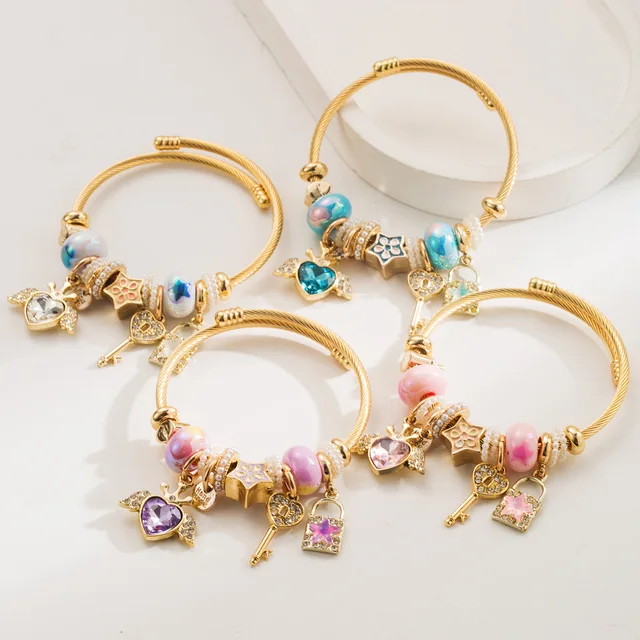 Hot Sale Gold Plated Stainless Steel Crystal Angel Pendant Charm Bracelet Large Hole Beads Key Heart DIY Charm Bracelet for Girl