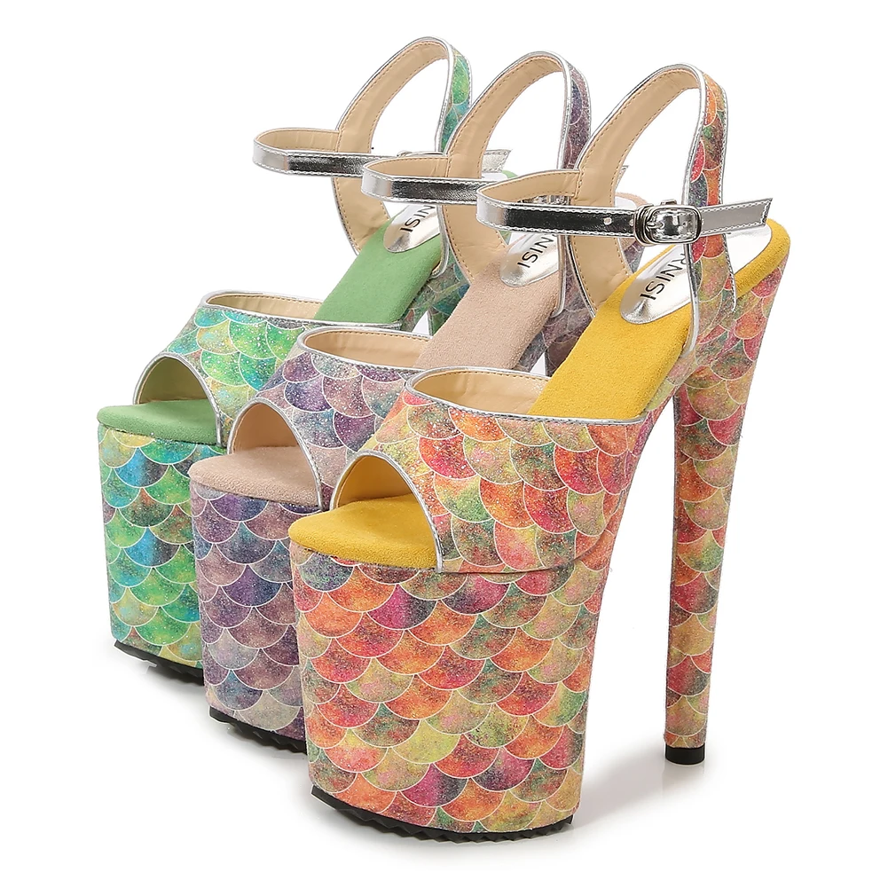 Sandálias de salto alto com glitter 20 cm, plataforma, sandálias de salto  robusto, sandálias de salto para mulheres, sapatos plataforma de descascador