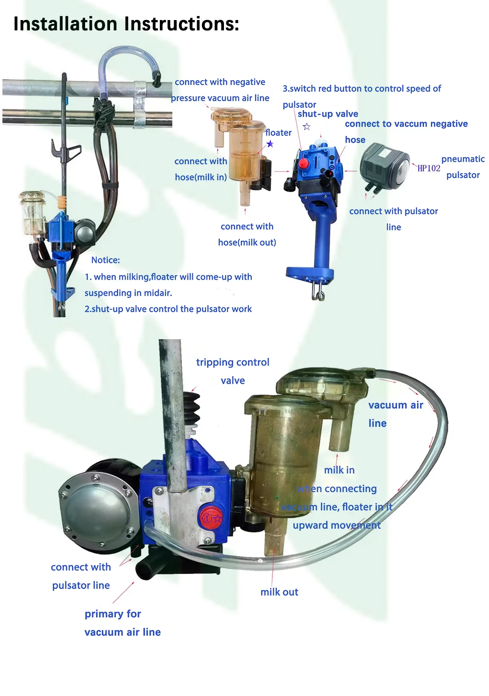 Duovac Mobile Hanger Milk Meter for Cow Milking Machine with HP102 Pulsator and Indicator;cow Milking Machine Automatic details