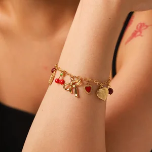 Cute 18K Gold Plated Zircon Bow Conch Heart Snail Shell Charms Stainless Steel Charm Bracelet for Women Cherry Trendy
