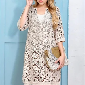 Autumn New Bohemian Vacation Style Chiffon Natural Heavy Sequin Hollow Crochet Loose Floor-Length Floral Front Outerwear Dress
