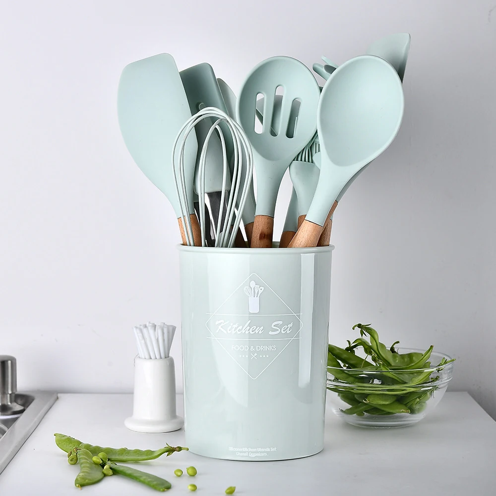 Silicone Kitchen Utensils Set - 11 Pcs BPA Free Cookware with Wooden Handle and Holder