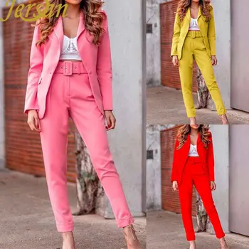 Popular New Fashion High Quality Women Long Sleeve Blazer And Pants Office Suits Solid 2 Piece Suits Clothes