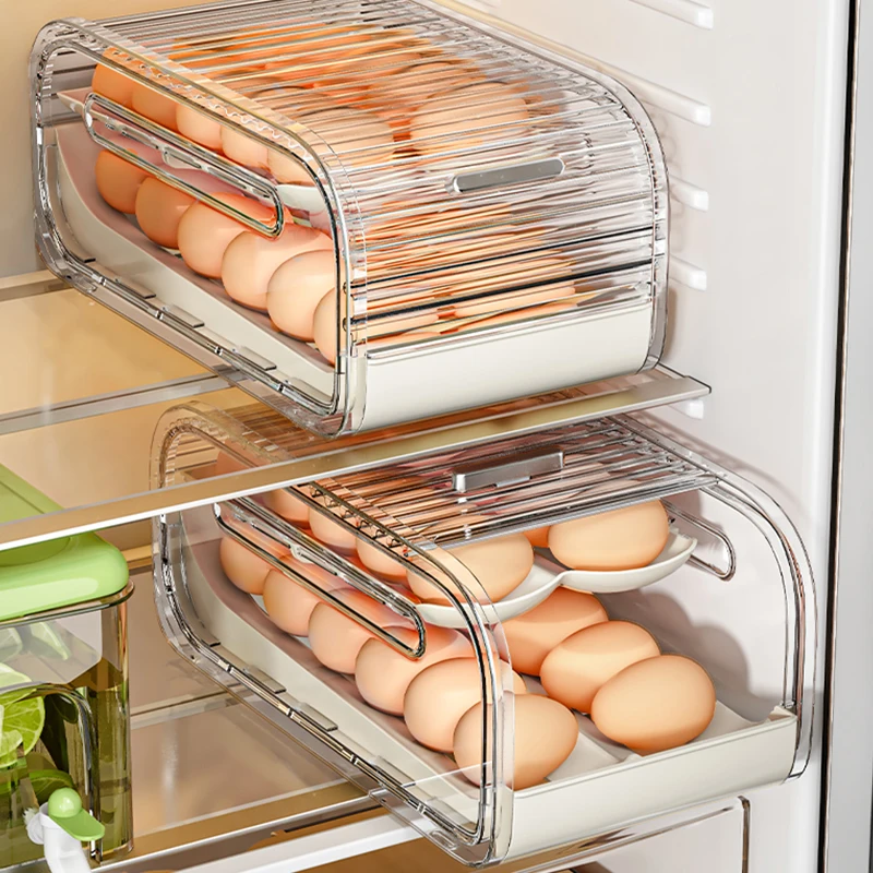 WANUO 2-Tier Rolling Egg Holder Fridge Egg Dispenser Fridge Egg Organizer with Transparent Cover