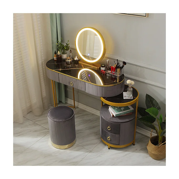 Crystal Console Mirror Bed Side Table Modern Simple Lighted Mirror Coiffeuse Bedroom Makeup Table Vanity Dresser Set