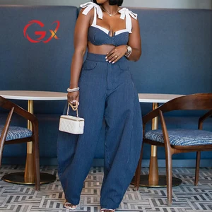 GX1711 Wholesale 2026 Women Clothing Boutique Casual Street Wear Sleeveless Unique Cropped Top and Wide Leg Pant 2 Piece Set
