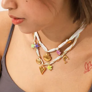 MW Bohemian Christian Party Style 18K Gold Plated Stainless Steel Shell Heart Colorful Flower Pendant Necklace