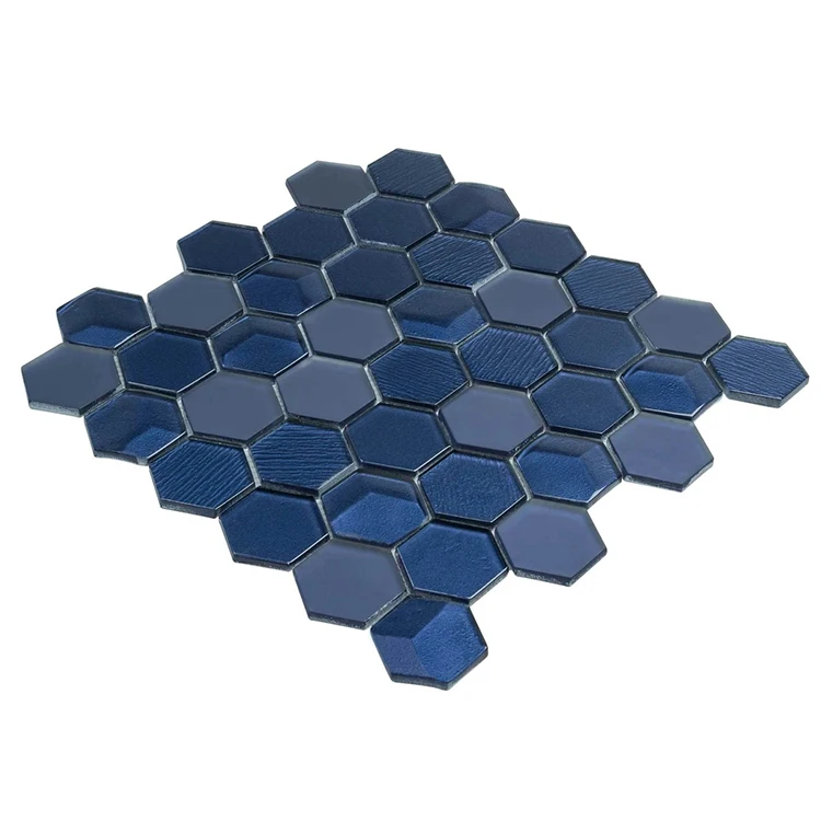 Wall decorative hexagon blue glass tiles adhesive glass mosaic manufacturer