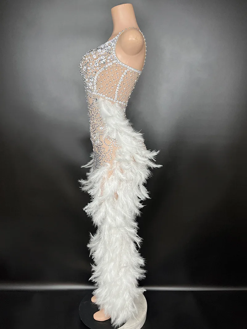 Hot Selling Evening Club Fashion Suspenders Sexy Dress Mesh See-through White Feather Birthday Party Club Dress