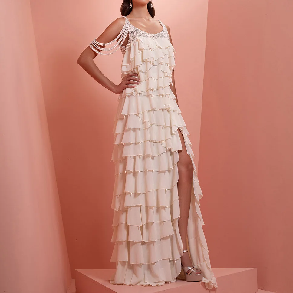 Elegant White Beaded Pearl Chain Strap Tiered Chiffon Maxi Dress Ruffled Evening Party Dresses With High Slit