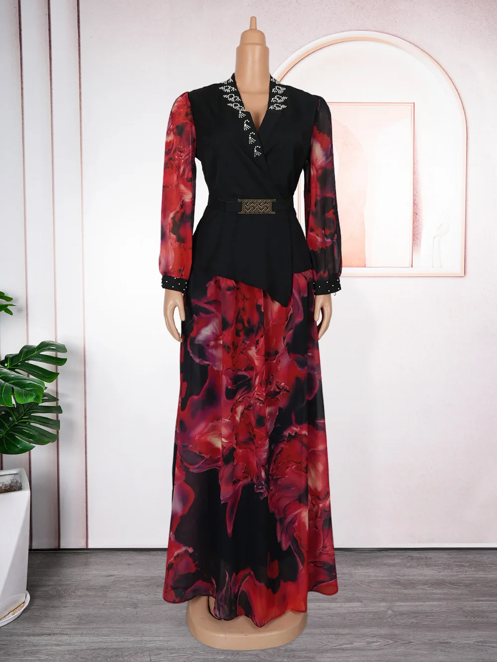 long sleeve velvet dress v neck Zapakasa Women Brown Velvet Long Formal Dress with Sleeves A Line V-Neck  Ruched Evening Dress with Ruffles main image 1