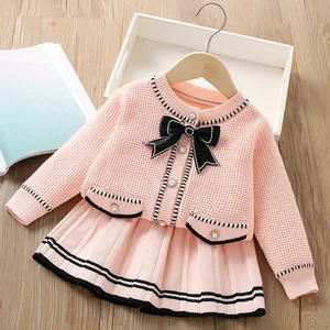 Stylish Black Bow Knitted Plaid Sweater Skirt Set Flap Pocket Preppy Style Girls Sweet  Autumn Winter Babies' Clothing