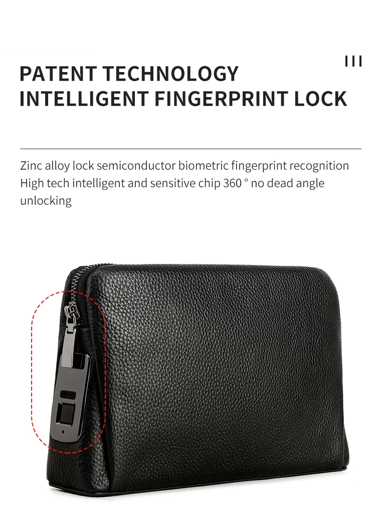 Smart Fingerprint Wallet, Fipilock FL V1 Men Zipper Leather Wallet Smart  Fingerprint Security Anti Theft Handbag Black