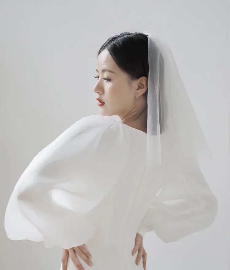 S809F  New White Trailing Temperament Simple White Puff Sleeve Slim Satin Bridal Toast Women Wedding Dress