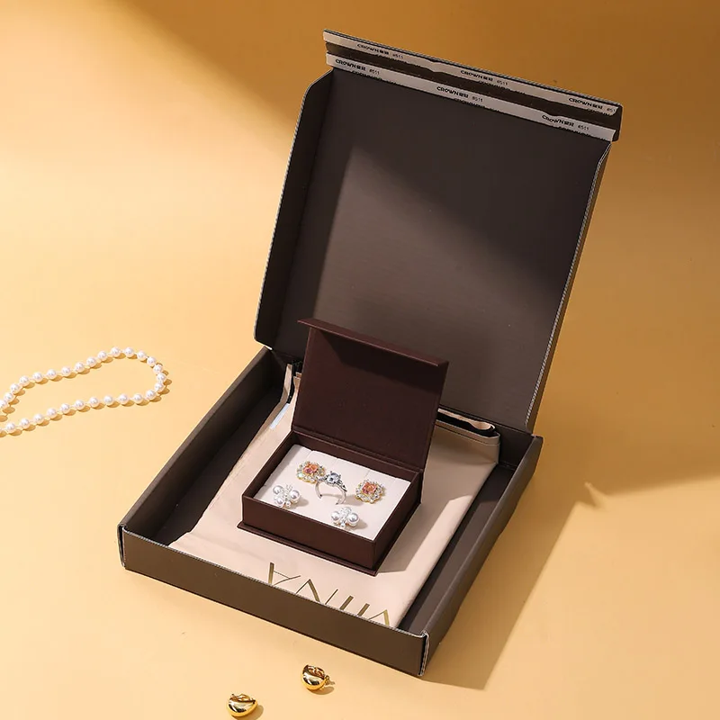Wholesale Beige PU Leather Square Flip-top Jewelry Gift Box with Shipping Bag Custom Logo Packaging for Rings Earrings Necklaces supplier