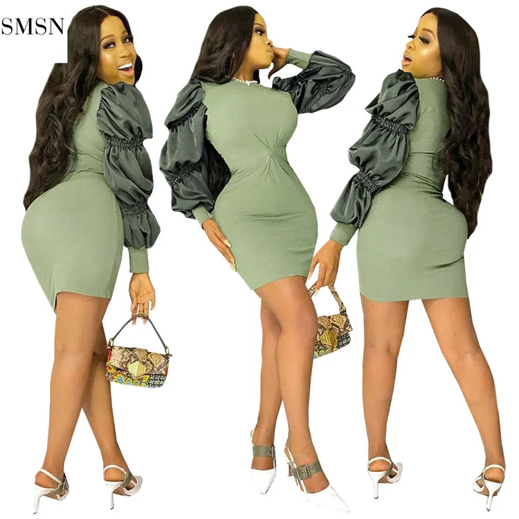 OSINA Latest Design Women Fashion Clothing Bodycon Dresses Ladies Women 2021 Puff Sleeve Dress Green Dress