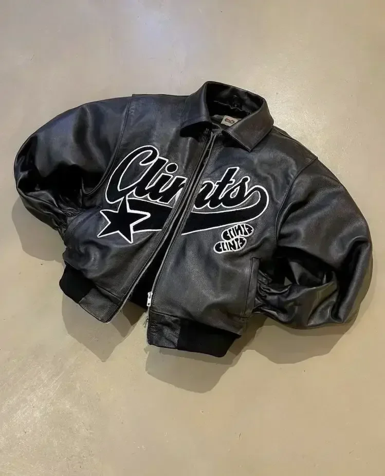 Streetwear Custom Chenille Embroidery Logo Pu Leather Motorcycle Jacket Hiphop Genuine Leather Sleeves Varsity Bomber Jacket Men gallery 2