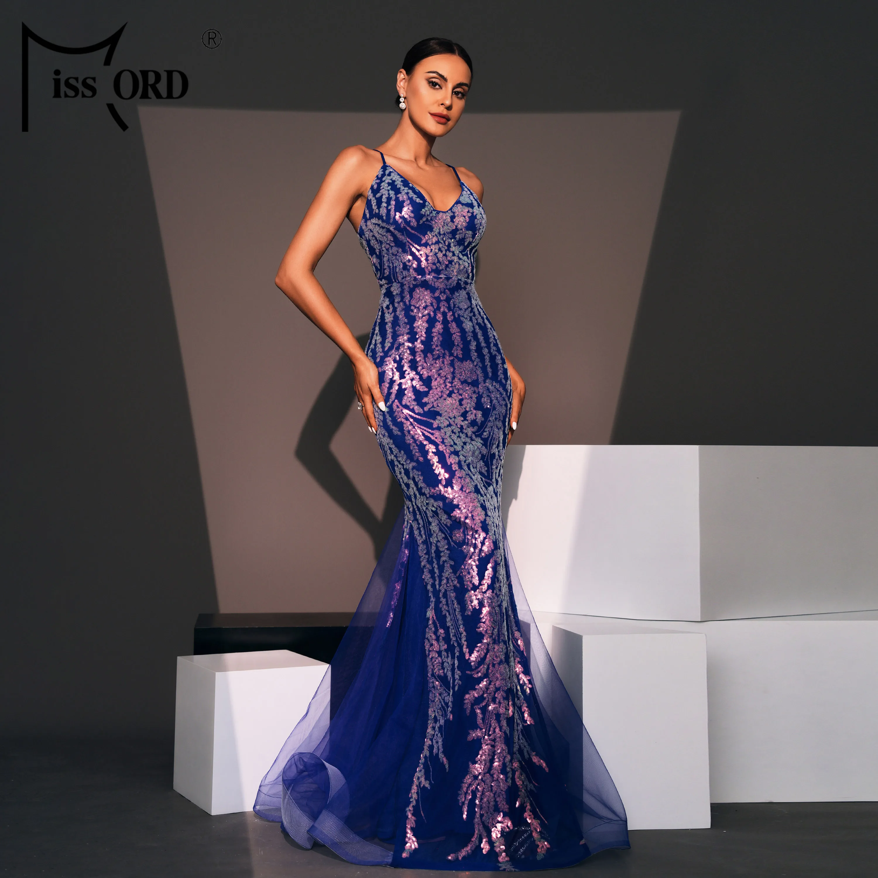 knee length dresses for ladies Sequined Mermaid Sleeveless Prom Dress with Off-the-shoulder Sweep Tra –  27dress main image 0