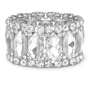 BriLove Wedding Bridal Elegant Crystal Double Row Rhinestones Marquise Cluster Stretch Bangle Bracelet Natural Stone China Bride