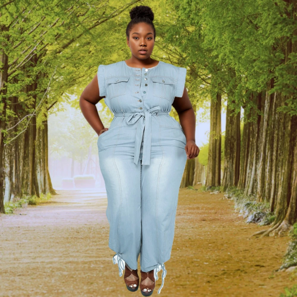Plus Size Sleeveless Denim Jumpsuit 10713-MX32 Casual Washed
